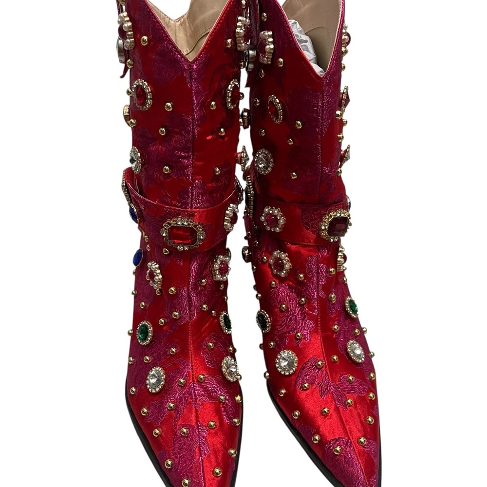 πΌπππNWOT AZALEA WANG DILIGENT RED BROCADE AND GEMS WESTERN BOOTIE. No box - Picture 10 of 15